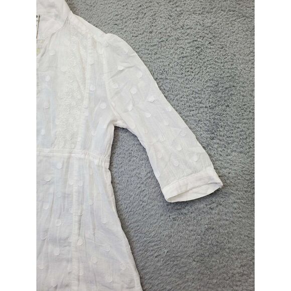 Fossil Blouse Top Womens Medium White Polka Dot Cotton 3/4 Sleeve Button Front - Picture 4 of 10